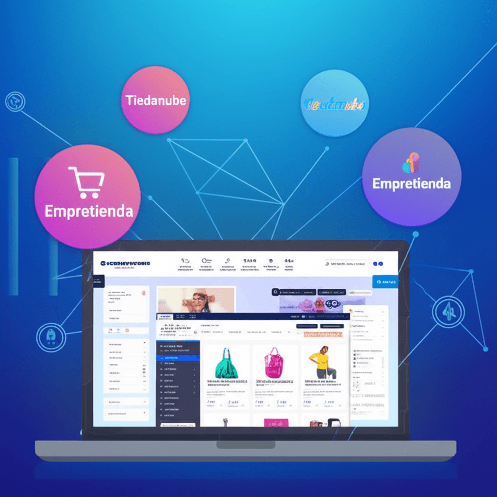 Diseño de tienda online en WooCommerce, con logos de Tiendanube y Empretienda en el fondo