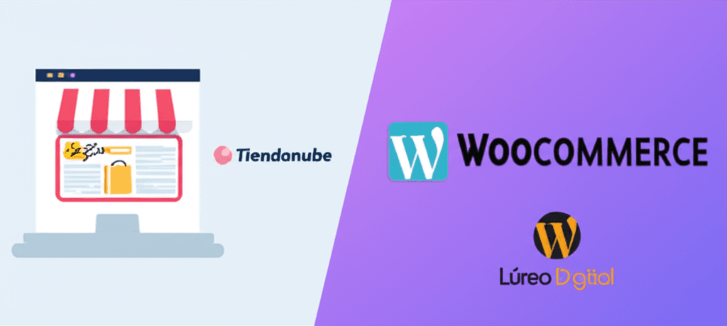 Comparativa entre una tienda online Tiendanube y una tienda online WooCommerce, destacando beneficios de Lúreo Digital