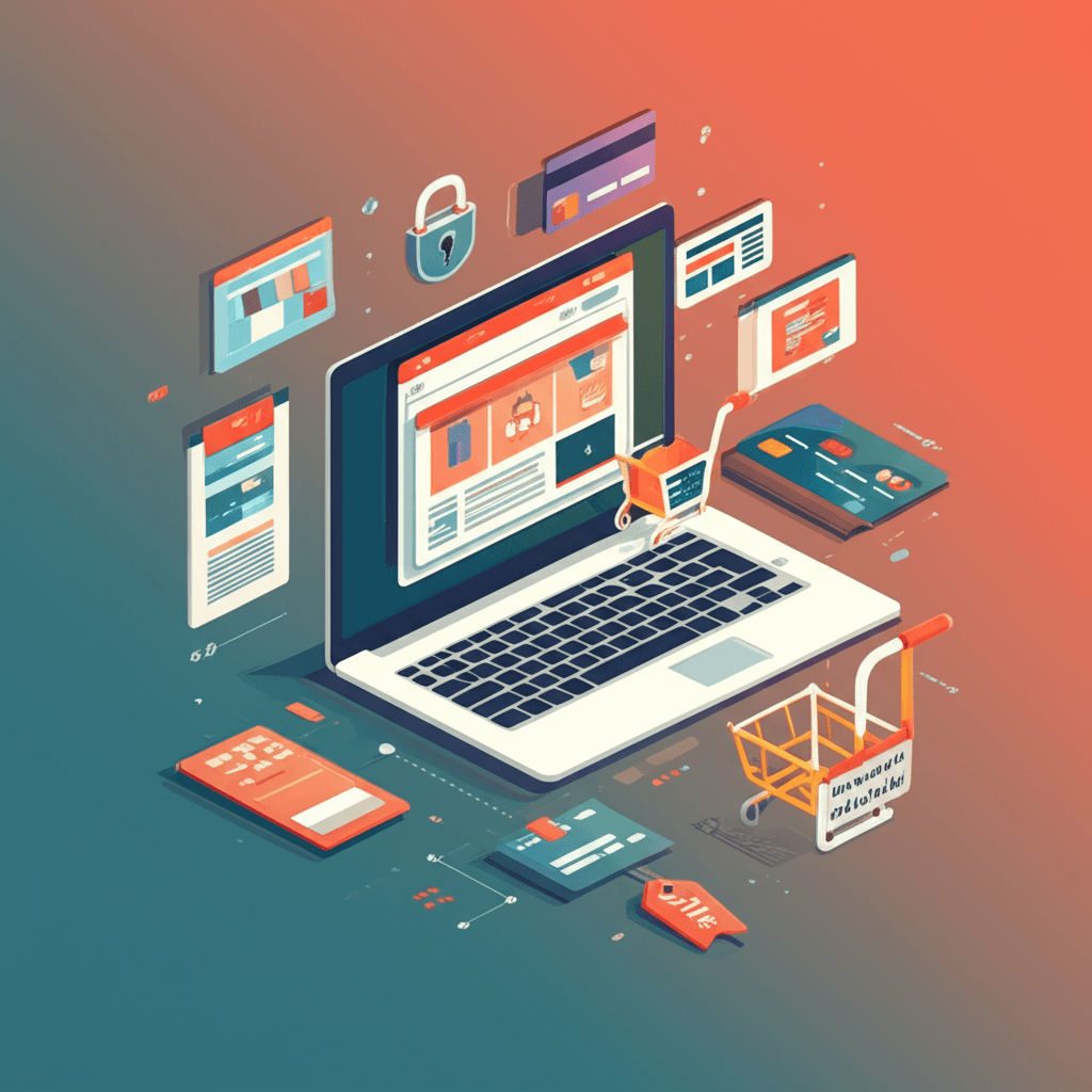 Ilustración de una tienda virtual moderna con carrito de compras y elementos de diseño web.