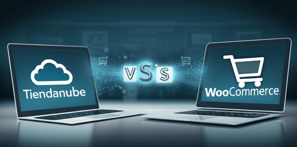 Comparación de características entre Tiendanube y WooCommerce en una pantalla de computadora.