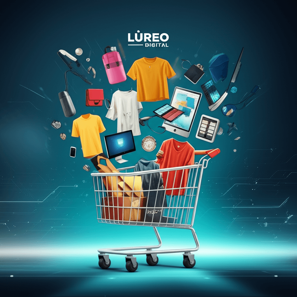 Variedad de productos digitales y físicos flotando sobre un carrito de compras online.