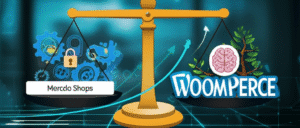 Comparativa de dos plataformas de comercio electrónico, con logos de Mercado Shops y WooCommerce, sobre un fondo de elementos digitales y gráficos de crecimiento, simbolizando elección y éxito en e-commerce.