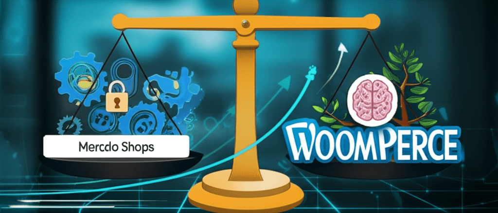 Comparativa de dos plataformas de comercio electrónico, con logos de Mercado Shops y WooCommerce, sobre un fondo de elementos digitales y gráficos de crecimiento, simbolizando elección y éxito en e-commerce.