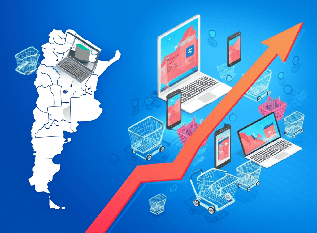 Gráfico del crecimiento del e-commerce en Argentina con iconos de compras online y dispositivos móviles, destacando el éxito digital.
