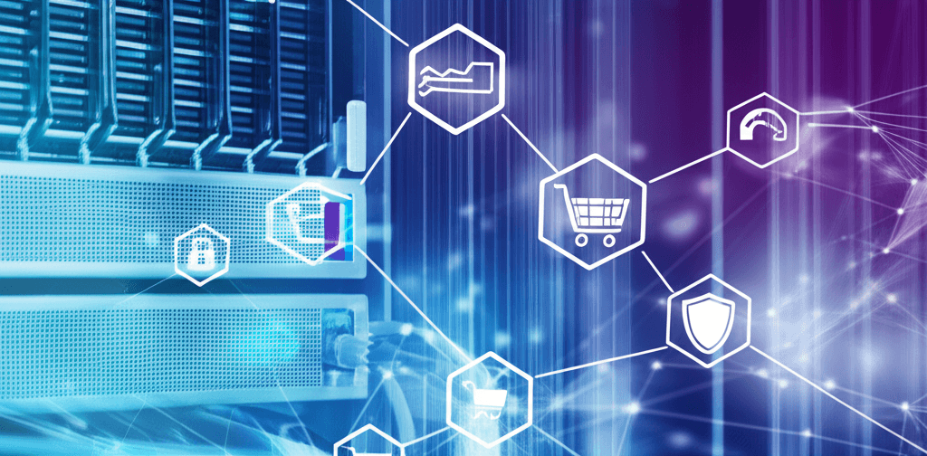 Servidor web con iconos de tienda online y seguridad