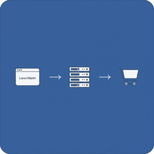 Ilustración abstracta de un dominio web, un servidor de hosting y un carrito de compras conectados digitalmente.
