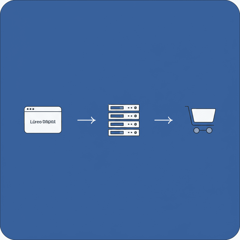 Ilustración abstracta de un dominio web, un servidor de hosting y un carrito de compras conectados digitalmente.