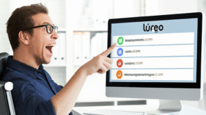 Persona seleccionando un dominio web en una pantalla de computadora con el logo de Lúreo Digital.