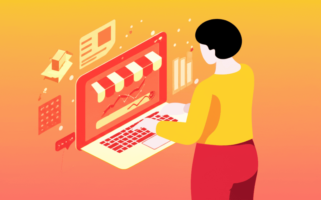 Emprendedor gestionando su negocio de dropshipping desde una laptop, con paquetes y un mapa mundial de fondo.