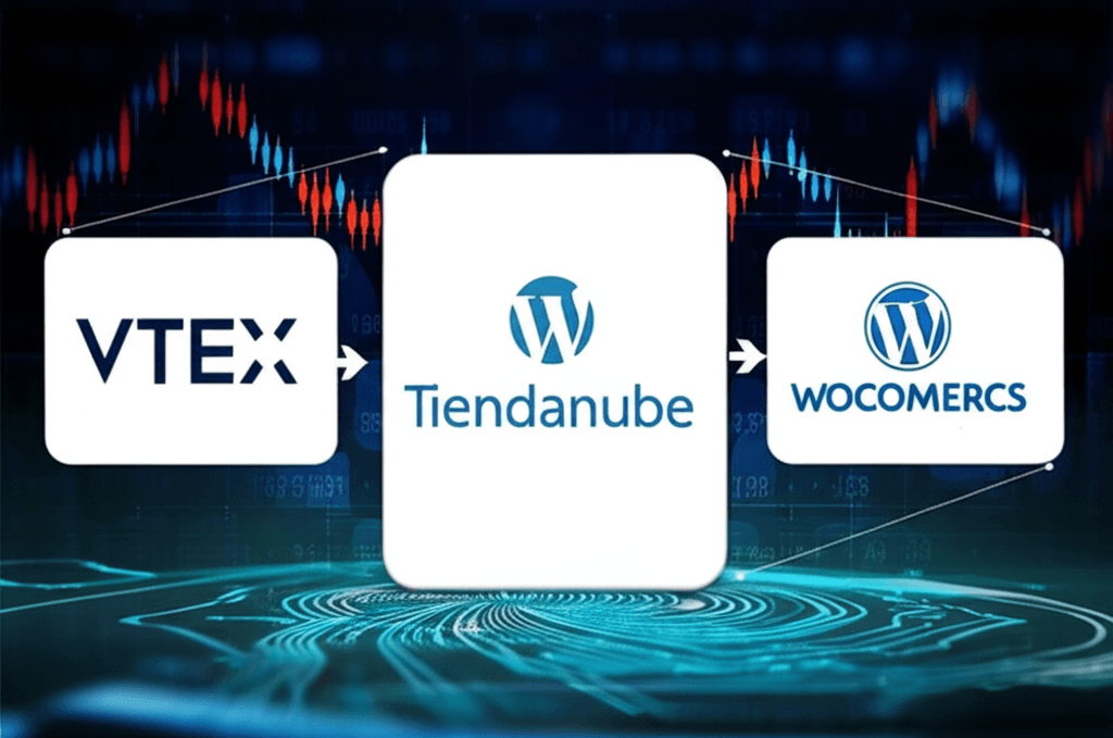 Comparación de plataformas de e-commerce VTEX, Tiendanube y WooCommerce.