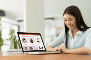 Persona gestionando una tienda online dropshipping en su laptop.