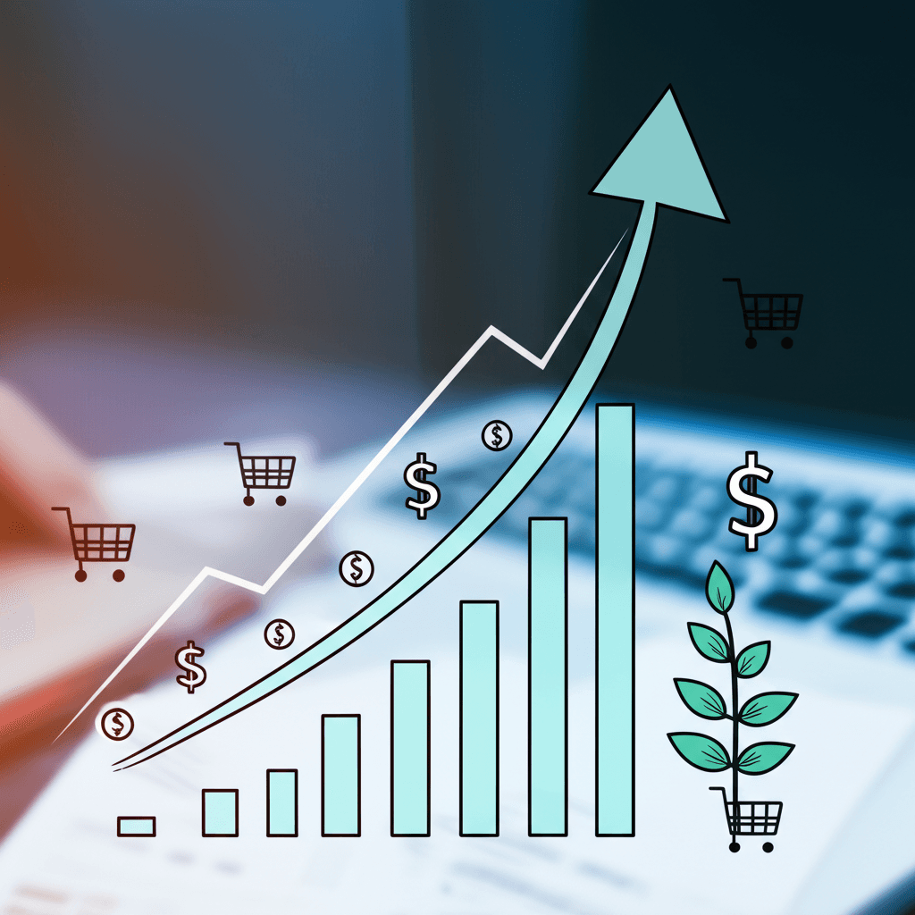Gráfico ascendente que representa el Retorno de Inversión (ROI) con iconos de dinero y crecimiento, simbolizando éxito financiero en un entorno digital.