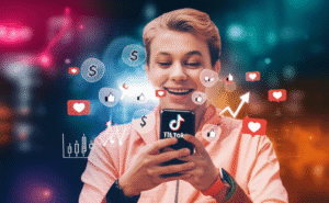 Persona joven utilizando TikTok en su teléfono, con iconos de dinero y crecimiento alrededor.