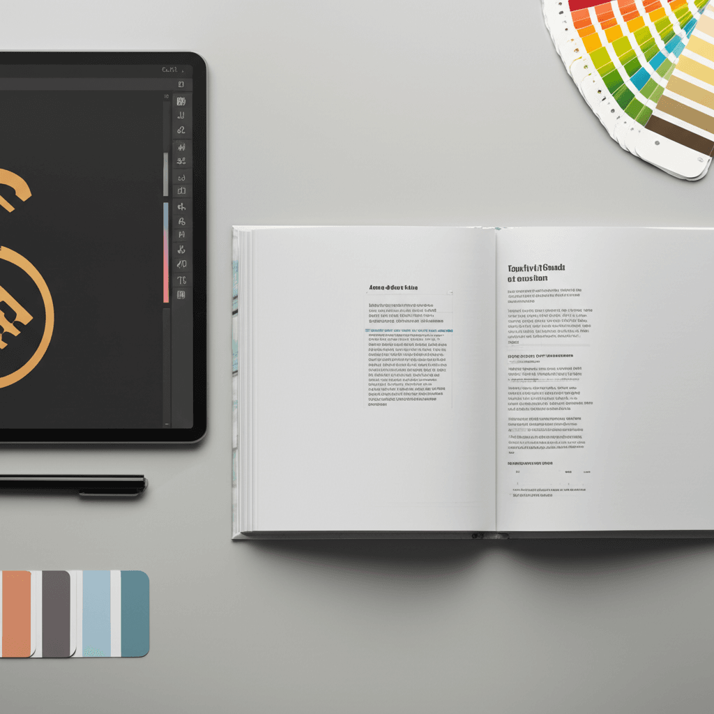 Un manual de identidad visual abierto mostrando elementos de diseño como logo, paleta de colores y tipografía, con un ordenador y herramientas de diseño en el fondo.