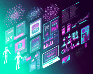 Variedad de iconos y representaciones visuales de inteligencia artificial y tecnología interactuando con elementos de comercio electrónico, como carritos de compra y dashboards.