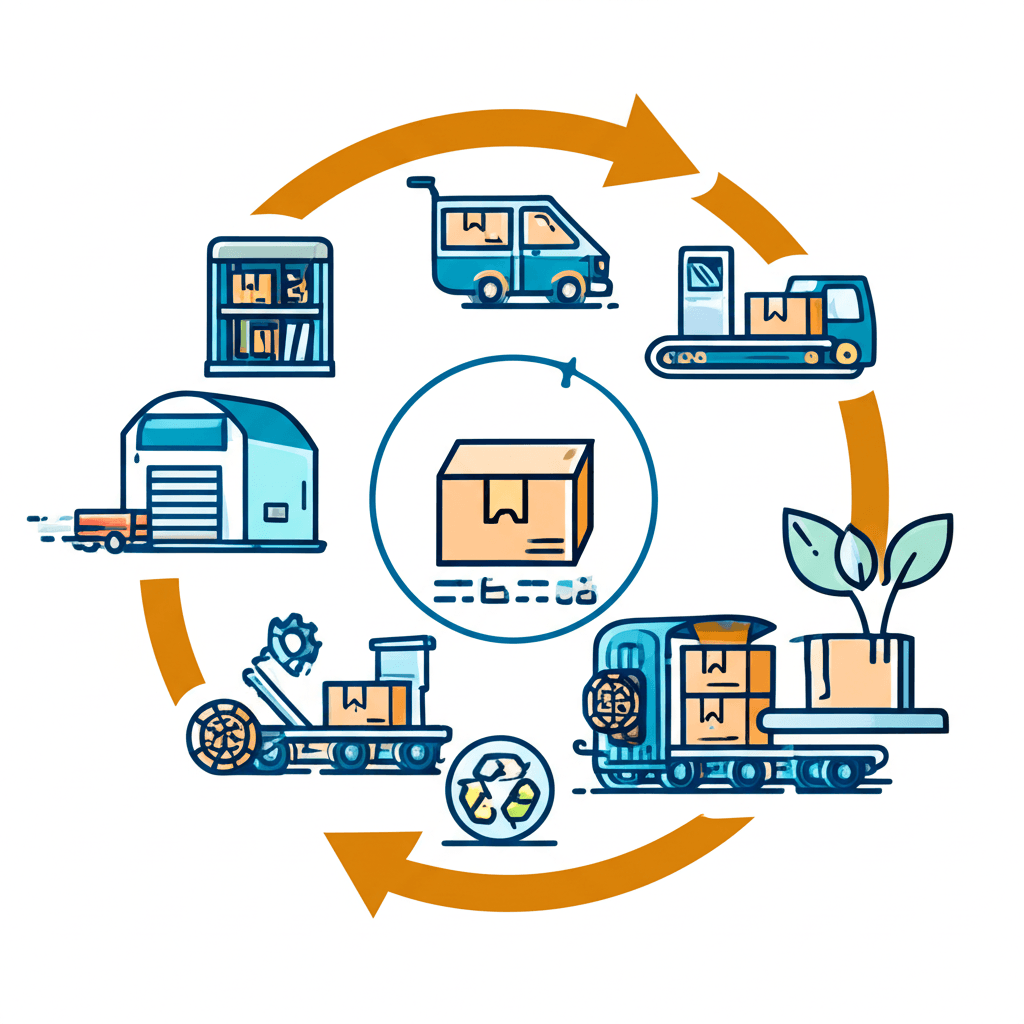 Diagrama que ilustra el ciclo de la logística inversa, con flechas que muestran el movimiento de productos desde el consumidor de vuelta al negocio, incluyendo etapas de inspección, reparación, reciclaje y redistribución.
