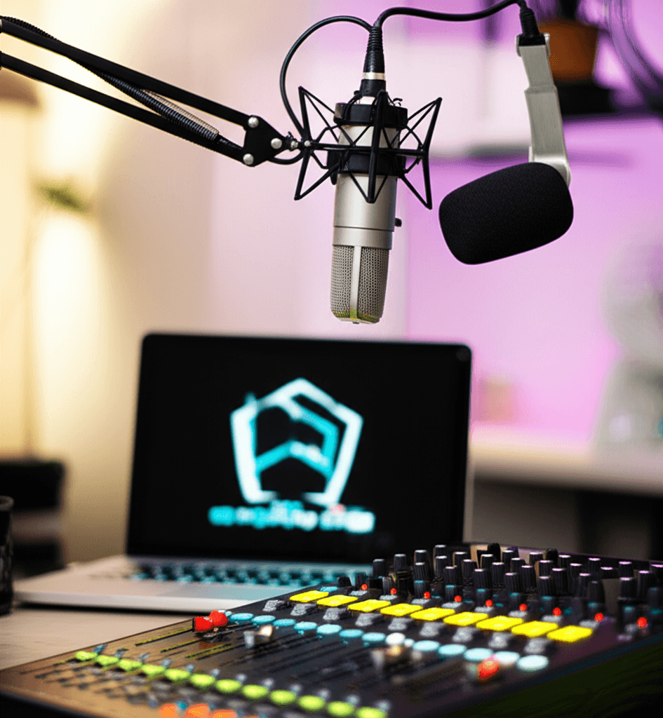 Persona grabando un podcast en un estudio moderno