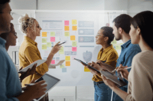 Equipo colaborando en un espacio de trabajo moderno, usando un tablero Kanban digital, simbolizando metodologías ágiles.