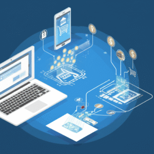 Ilustración de dinero digital siendo transferido entre cuentas bancarias y dispositivos electrónicos, con logos de e-commerce y finanzas.