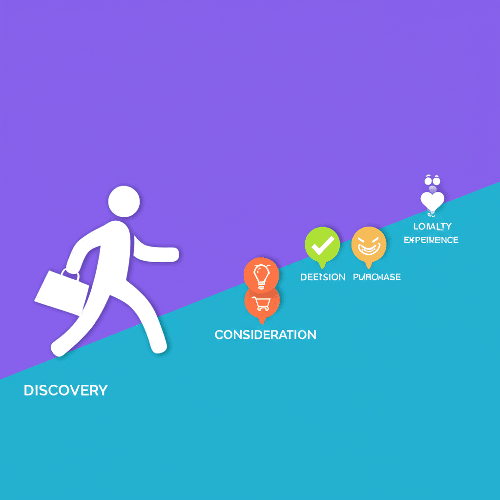 Representación visual del customer journey con íconos de cada etapa.
