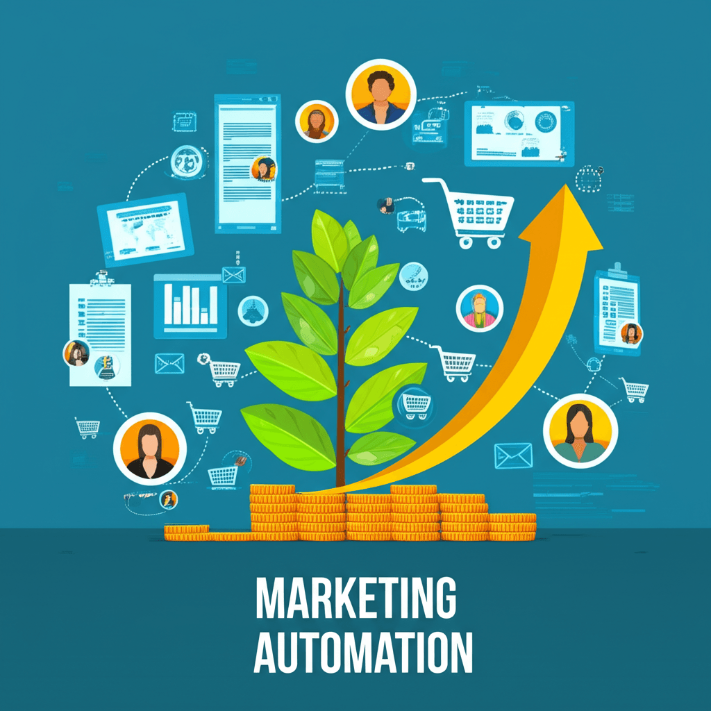 Diagrama visual de flujos de marketing automation conectando ventas y clientes.