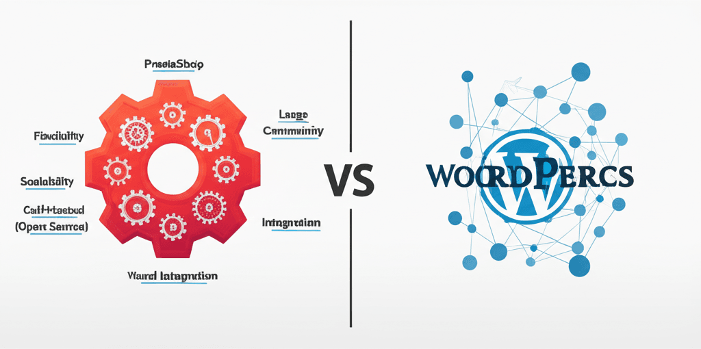 Gráfico comparativo de funcionalidades y beneficios entre PrestaShop y WooCommerce para e-commerce