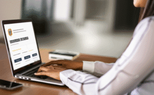 Persona utilizando una computadora para tramitar documentos en línea en Colombia.