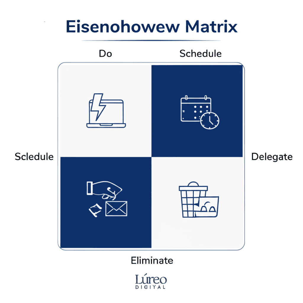 Diagrama de la Matriz de Eisenhower con cuatro cuadrantes para la priorización de tareas.
