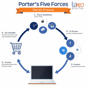 Gráfico esquemático de las 5 Fuerzas de Porter con elementos de negocio digital.
