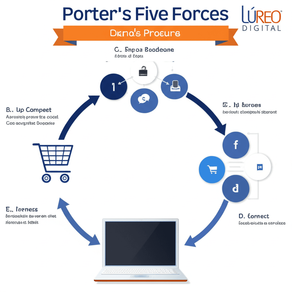 Gráfico esquemático de las 5 Fuerzas de Porter con elementos de negocio digital.