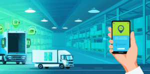 Una serie de cajas organizadas en un almacén con etiquetas de envío, mostrando un proceso de distribución eficiente.