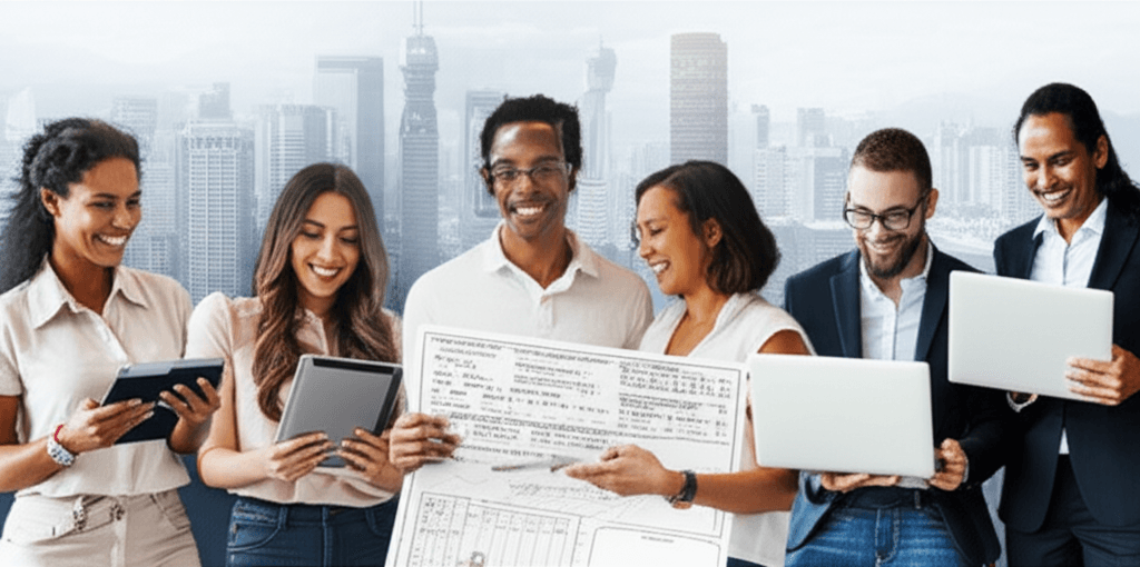 Emprendedor celebrando el éxito de su negocio con un equipo de apoyo detrás.