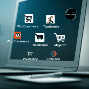 Comparativa de plataformas de e-commerce, con logos de WooCommerce, Tiendanube, Magento, PrestaShop y Shopify