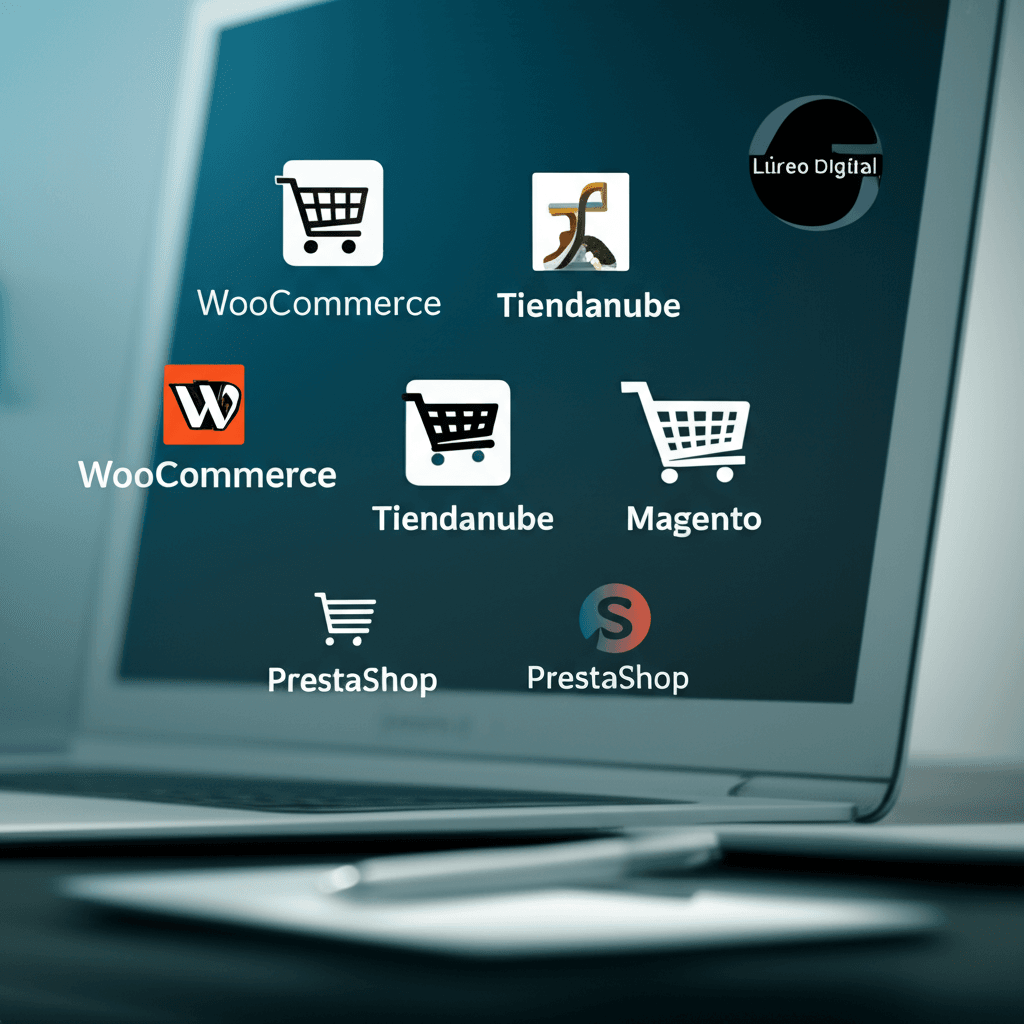 Comparativa de plataformas de e-commerce, con logos de WooCommerce, Tiendanube, Magento, PrestaShop y Shopify