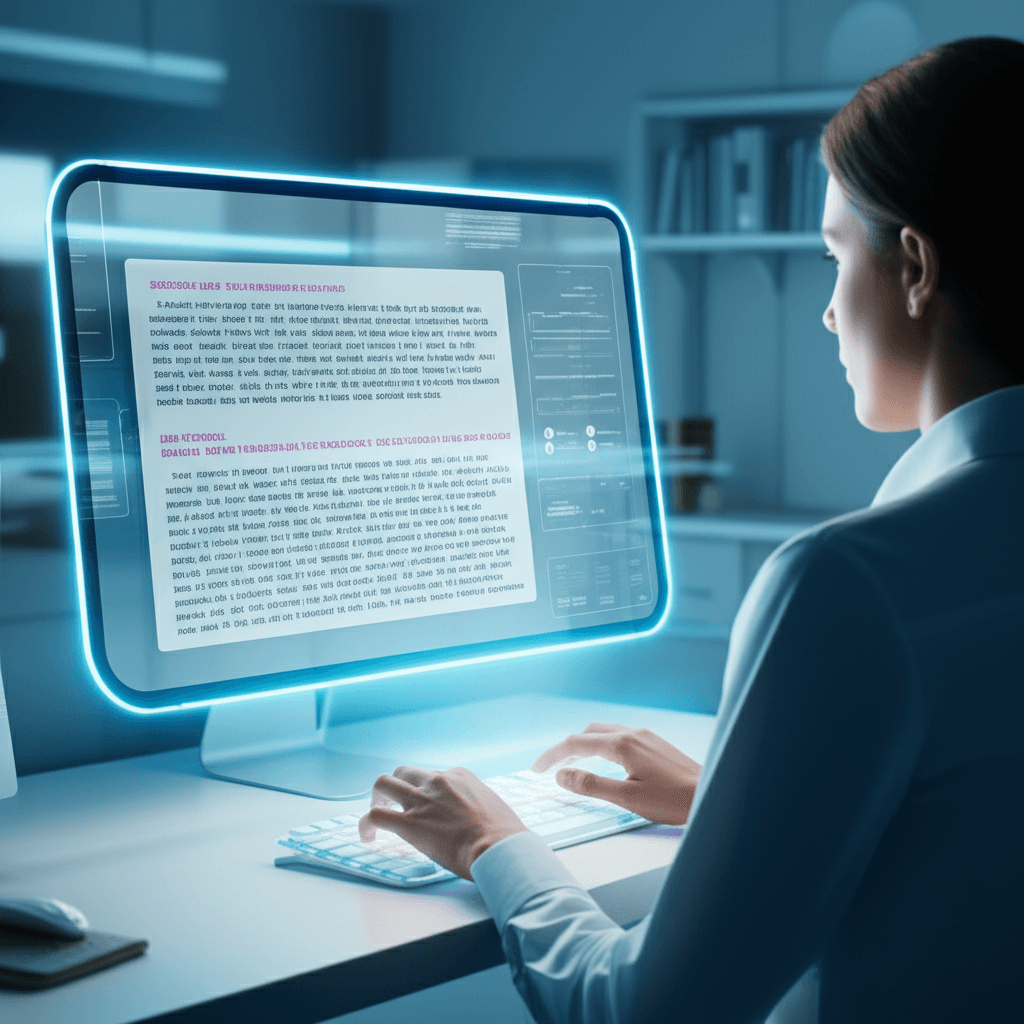 Persona interactuando con una interfaz de inteligencia artificial, escribiendo un prompt detallado en una pantalla futurista.