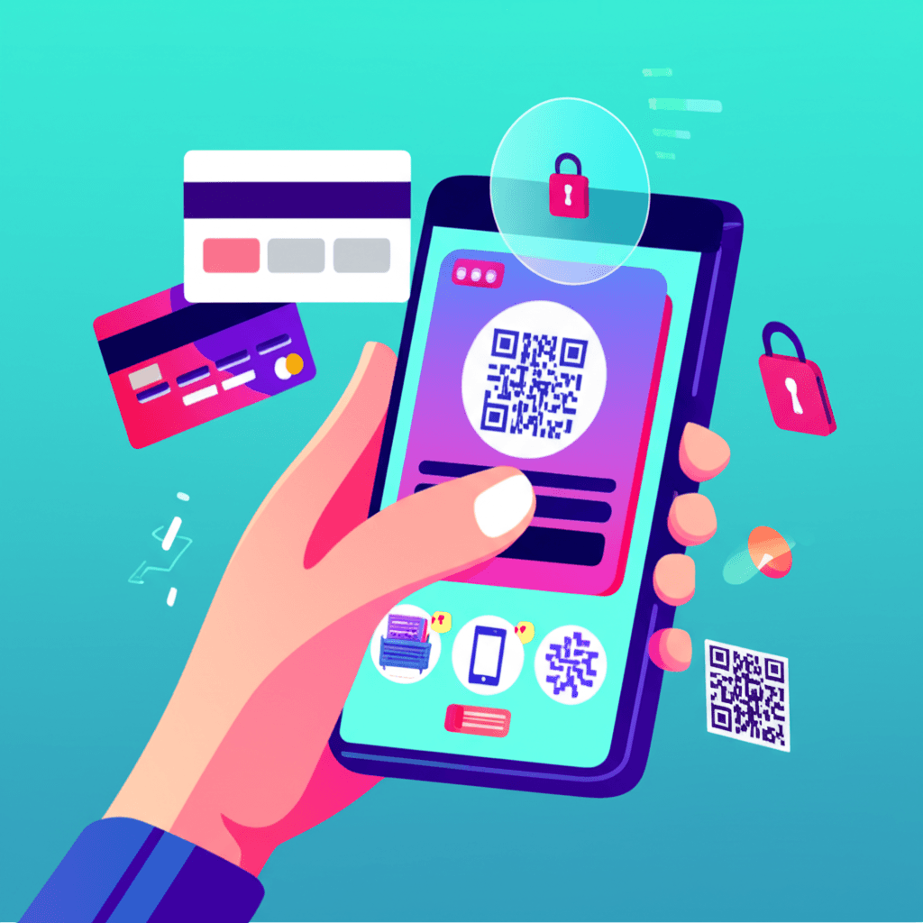 Ilustración de una persona realizando un pago digital con su smartphone en una tienda online, con elementos de seguridad y transacciones rápidas alrededor.