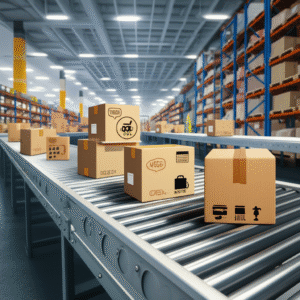 Paquetes en una cinta transportadora con logos de e-commerce.