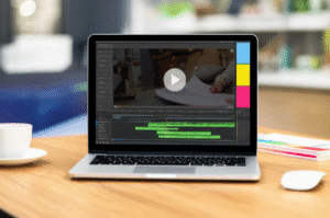 Escritorio con laptop abierta mostrando software de edición de video, elementos gráficos y un icono de reproducción. Iluminación profesional y ambiente creativo.
