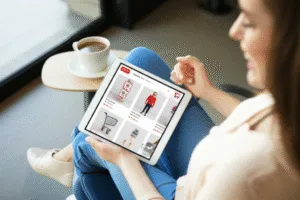Mujer feliz usando su tienda online con carrito de compras en su tablet