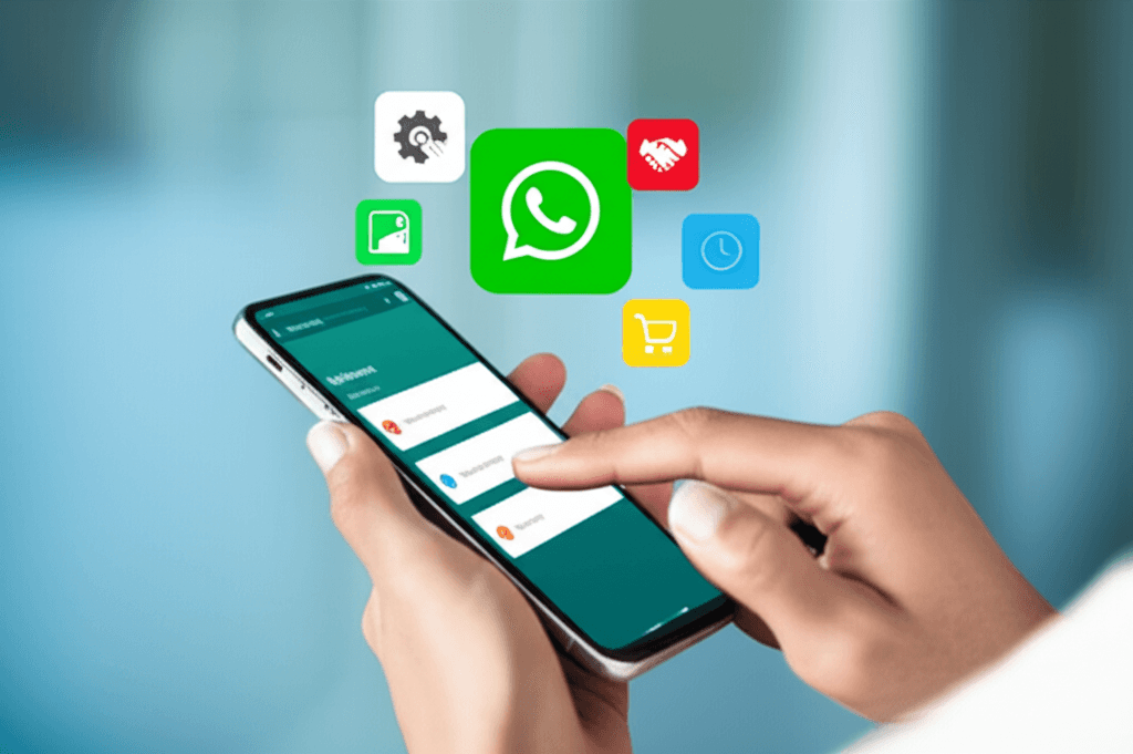 Persona utilizando WhatsApp Business en un smartphone con burbujas de mensajes automáticos flotando alrededor, simbolizando eficiencia en la comunicación empresarial.